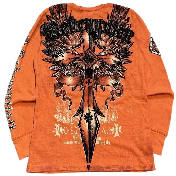 Raw State Redemption Affliction Waffle Knit Long Sleeve Graphic Printed Size XXL - Picture 1 of 10